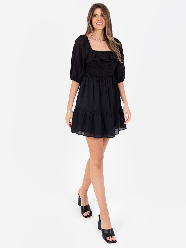 Lovedrobe Black Smocked Bodice Square Neck Puff Sleeve Mini Dress - Image 1 of 5 Lovedrobe Black Smocked Bodice Square Neck Puff Sleeve Mini Dress - Image 1 of 5