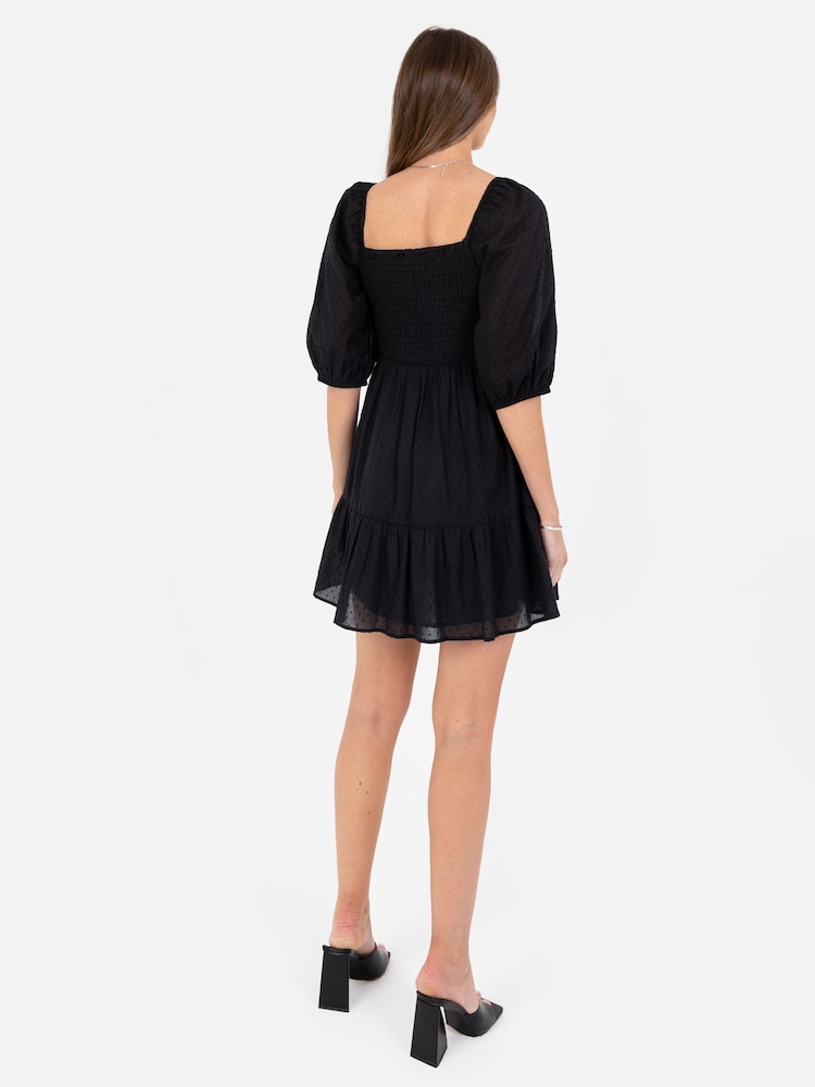 Lovedrobe Black Smocked Bodice Square Neck Puff Sleeve Mini Dress - Image 2 of 5 Lovedrobe Black Smocked Bodice Square Neck Puff Sleeve Mini Dress - Image 2 of 5