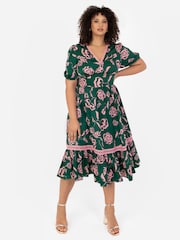 Grün - Lovedrobe Midikleid mit Puffärmeln und Stufensaum - Bild 1 von 5