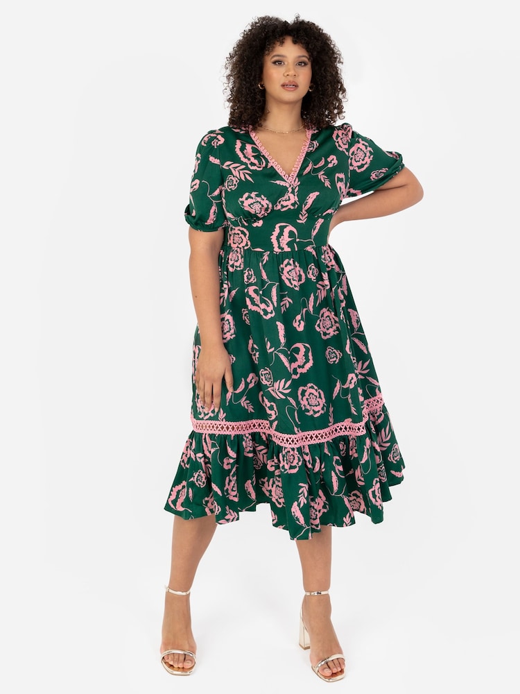 Grün - Lovedrobe Midikleid mit Puffärmeln und Stufensaum - Bild 1 von 5