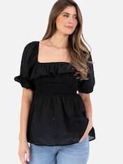 Lovedrobe Cream Smocked Bodice Square Neck Peplum Hem Top With Puff Sleeve - Image 1 of 4
