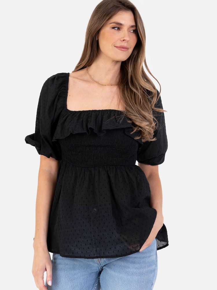 Lovedrobe Cream Smocked Bodice Square Neck Peplum Hem Top With Puff Sleeve - Image 1 of 4