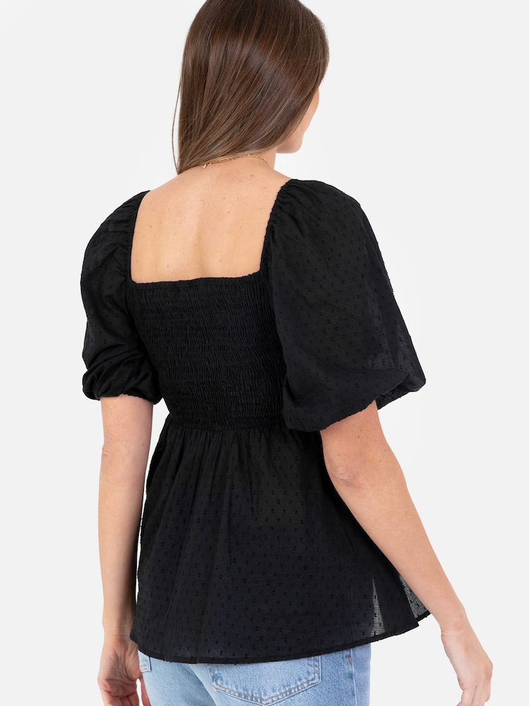 Lovedrobe Cream Smocked Bodice Square Neck Peplum Hem Top With Puff Sleeve - Image 2 of 4