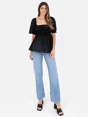 Lovedrobe Cream Smocked Bodice Square Neck Peplum Hem Top With Puff Sleeve - Image 3 of 4
