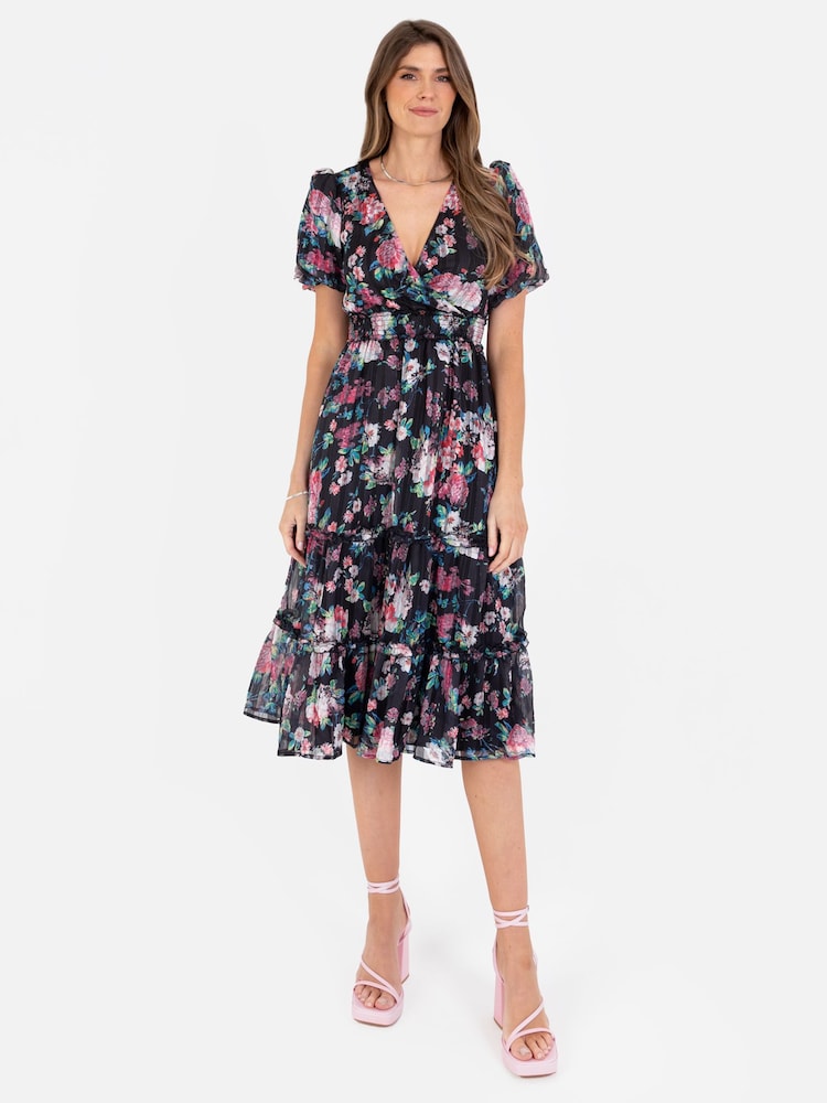 Lovedrobe Shirring Waist Puff Sleeve Midi Dress - Image 1 of 5