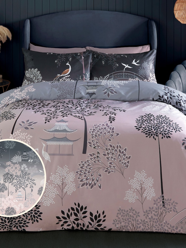 Sara Miller Blush Grey 100% Cotton Pagoda Garden Duvet Cover and Pillowcase Set - Image 1 of 9