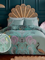 Sara Miller Dark Sage 100% Cotton Peacock Filigree Duvet Cover and Pillowcase Set - Image 1 of 6