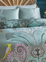 Sara Miller Dark Sage 100% Cotton Peacock Filigree Duvet Cover and Pillowcase Set - Image 3 of 6