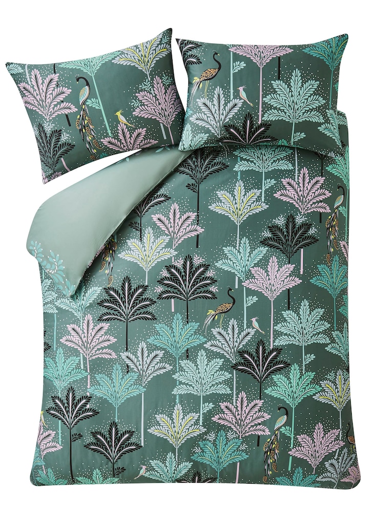 Sara Miller Dark Sage 100% Cotton Peacock Filigree Duvet Cover and Pillowcase Set - Image 6 of 6