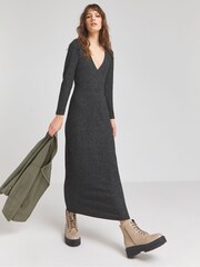 Simply Be Black Marl Cosy Rib Wrap Front Maxi Dress - Image 1 of 5