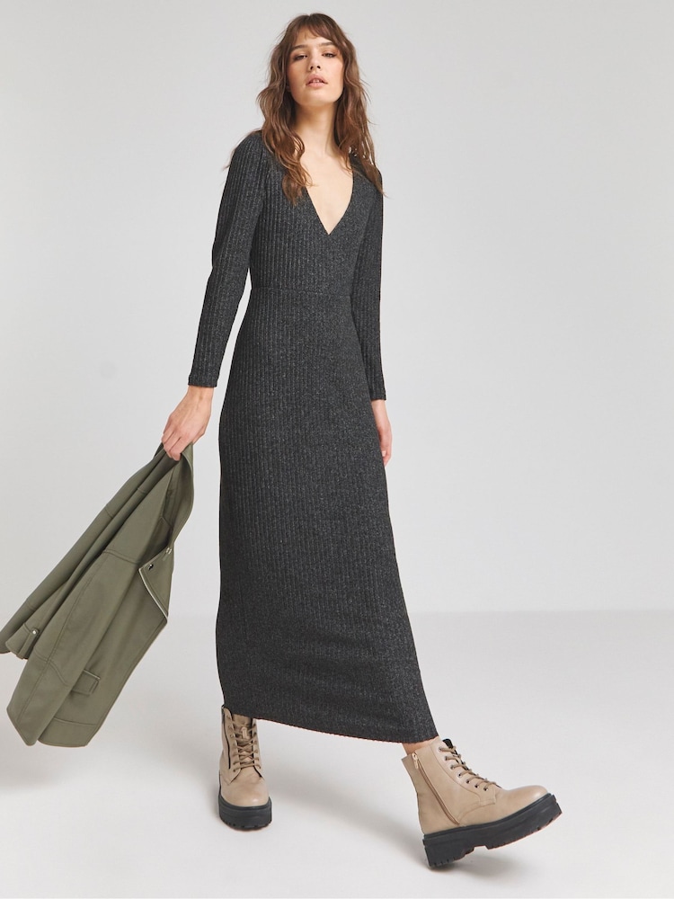 Simply Be Black Marl Cosy Rib Wrap Front Maxi Dress - Image 1 of 5 Simply Be Black Marl Cosy Rib Wrap Front Maxi Dress - Image 1 of 5