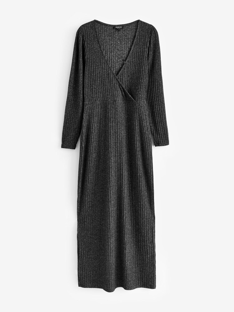 Simply Be Black Marl Cosy Rib Wrap Front Maxi Dress - Image 5 of 5