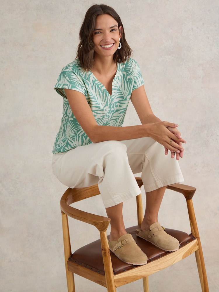 White Stuff Green Nelly Notch Neck 100% Cotton T-Shirt - Image 1 of 6