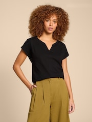 White Stuff Black Notch Neck Nelly 100% Cotton T-Shirt - Image 1 of 7