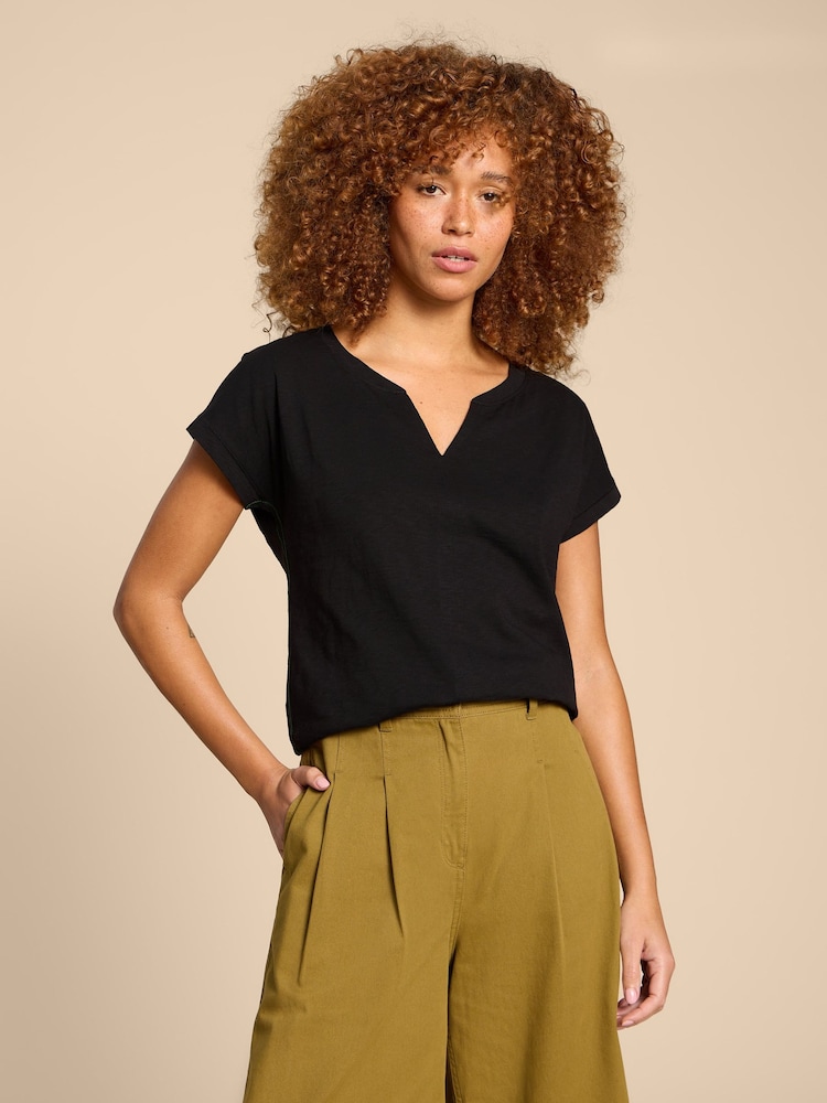 White Stuff Black Notch Neck Nelly 100% Cotton T-Shirt - Image 1 of 7