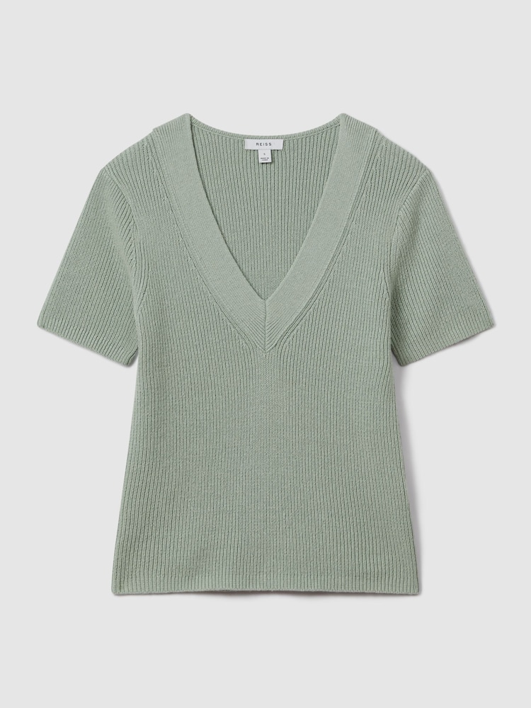 Reiss Sage Rosie Cotton Blend Knitted V-Neck Top - Image 2 of 6