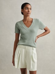 Reiss Sage Rosie Cotton Blend Knitted V-Neck Top - Image 3 of 6