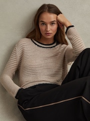 Reiss Neutral/Navy Astrid Linen Blend Knitted Crew Neck Jumper - Image 1 of 6