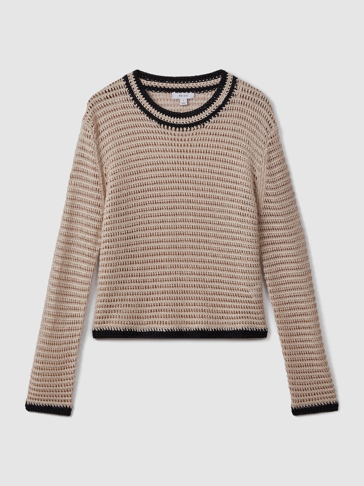 Reiss Neutral/Navy Astrid Linen Blend Knitted Crew Neck Jumper - Image 2 of 6