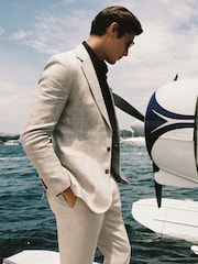 Reiss Oatmeal Boxhill Slim Fit Linen Blend Check Single Breasted Blazer - Image 1 of 7