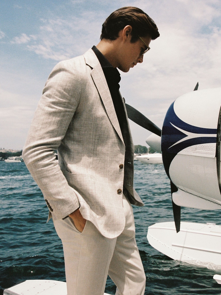 Reiss Oatmeal Boxhill Slim Fit Linen Blend Check Single Breasted Blazer - Image 1 of 7