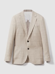 Reiss Oatmeal Boxhill Slim Fit Linen Blend Check Single Breasted Blazer - Image 2 of 7