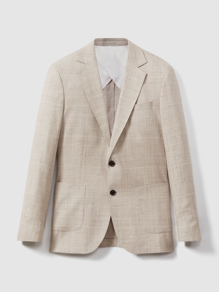 Reiss Oatmeal Boxhill Slim Fit Linen Blend Check Single Breasted Blazer - Image 2 of 7