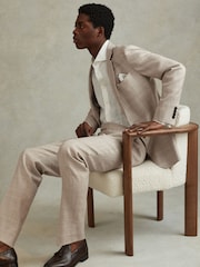 Reiss Oatmeal Boxhill Slim Fit Linen Blend Check Single Breasted Blazer - Image 3 of 7