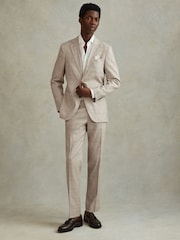 Reiss Oatmeal Boxhill Slim Fit Linen Blend Check Single Breasted Blazer - Image 4 of 7