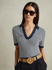 Reiss Navy/Ivory Stevie Linen Blend Open Collar Striped Polo Shirt - Image 1 of 5