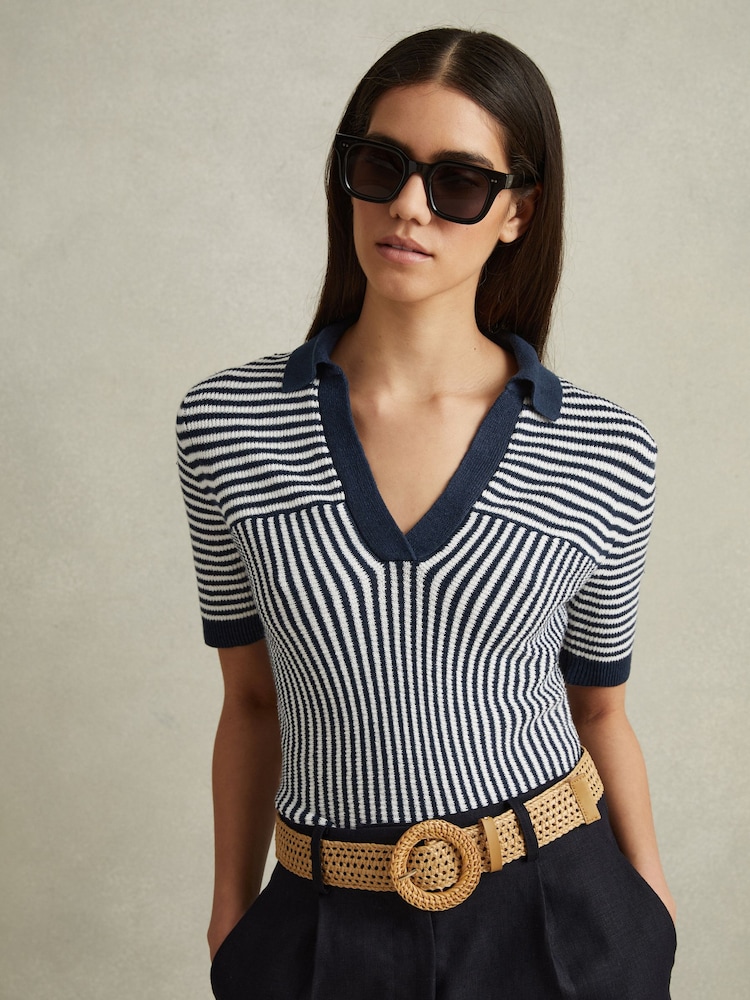 Reiss Navy/Ivory Stevie Linen Blend Open Collar Striped Polo Shirt - Image 1 of 5