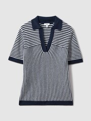 Reiss Navy/Ivory Stevie Linen Blend Open Collar Striped Polo Shirt - Image 2 of 5