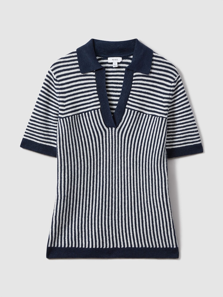 Reiss Navy/Ivory Stevie Linen Blend Open Collar Striped Polo Shirt - Image 2 of 5