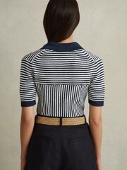 Reiss Navy/Ivory Stevie Linen Blend Open Collar Striped Polo Shirt - Image 4 of 5