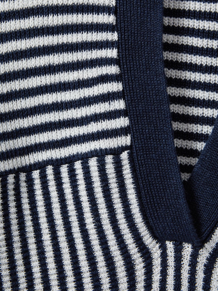 Reiss Navy/Ivory Stevie Linen Blend Open Collar Striped Polo Shirt - Image 5 of 5