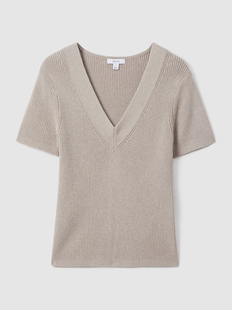 Neutrale Farbe - Reiss Rosie Strickoberteil aus Baumwollgemisch mit V-Ausschnitt - Bild 2 von 7