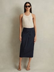 Reiss Navy Nadia Cotton Blend Wrap Front Midi Skirt - Image 1 of 5