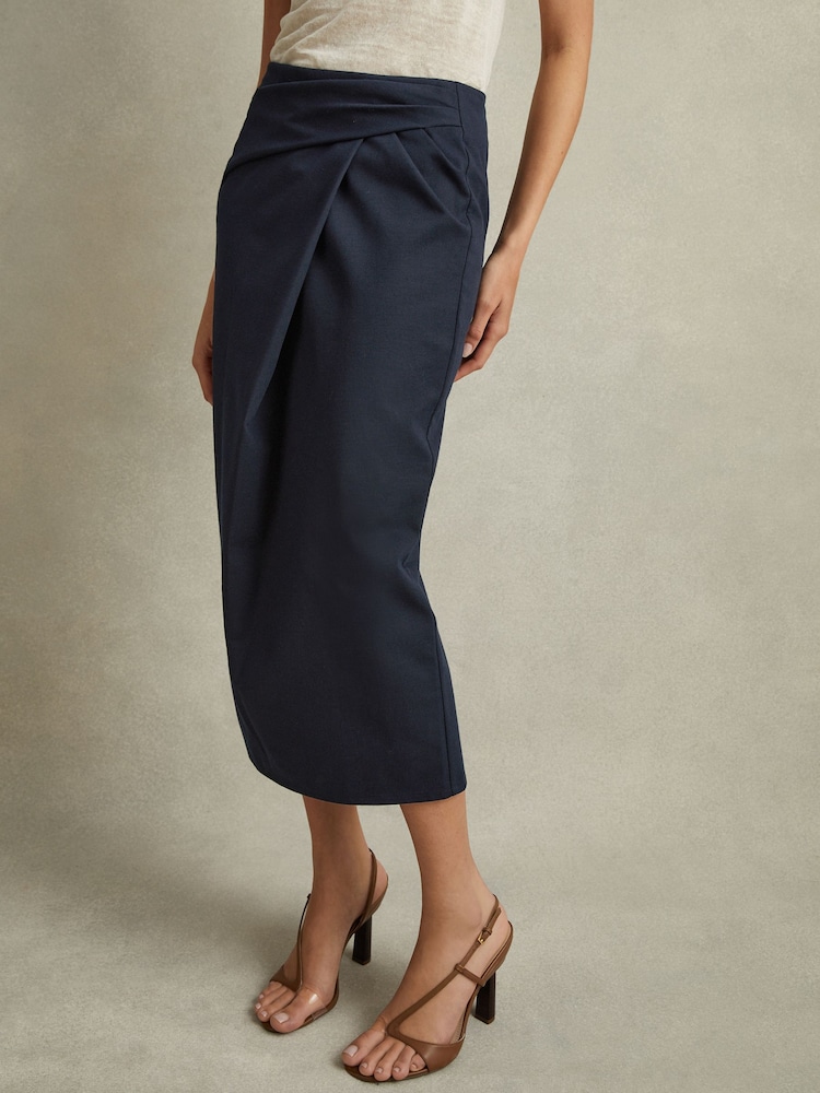 Reiss Navy Nadia Cotton Blend Wrap Front Midi Skirt - Image 3 of 5
