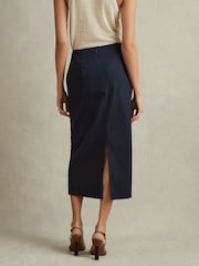 Reiss Navy Nadia Cotton Blend Wrap Front Midi Skirt - Image 4 of 5