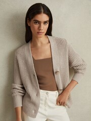Reiss Neutral Ariana Cotton Blend Knitted Cardigan - Image 1 of 5