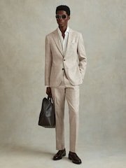 Reiss Oatmeal Boxhill Slim Fit Linen Blend Check Trousers - Image 1 of 6