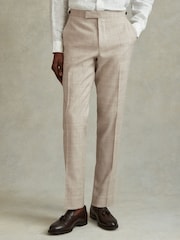 Reiss Oatmeal Boxhill Slim Fit Linen Blend Check Trousers - Image 3 of 6