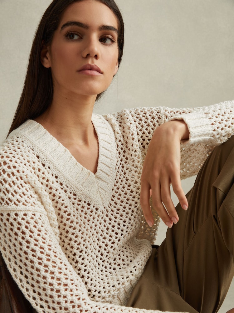 Reiss Ivory Larissa Linen Cotton Open Stitch Jumper - Image 1 of 5