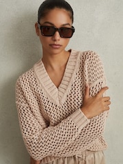Reiss Mink Larissa Linen Cotton Open Stitch Jumper - Image 1 of 5