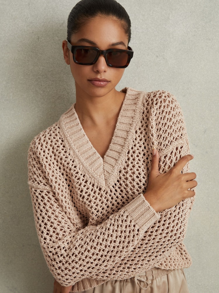 Reiss Mink Larissa Linen Cotton Open Stitch Jumper - Image 1 of 5