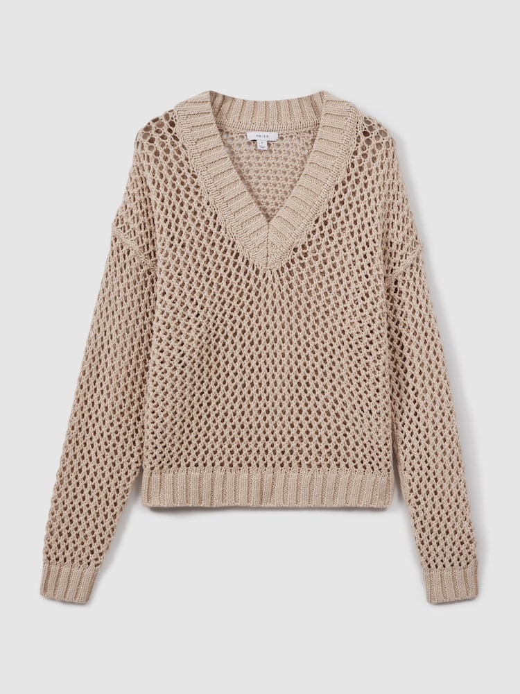 Reiss Mink Larissa Linen Cotton Open Stitch Jumper - Image 2 of 5