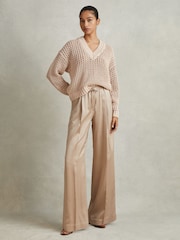Reiss Mink Larissa Linen Cotton Open Stitch Jumper - Image 3 of 5