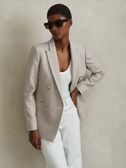 Reiss Beige Check Ella Petite Wool Blend Double Breasted Dogtooth Blazer - Image 3 of 8