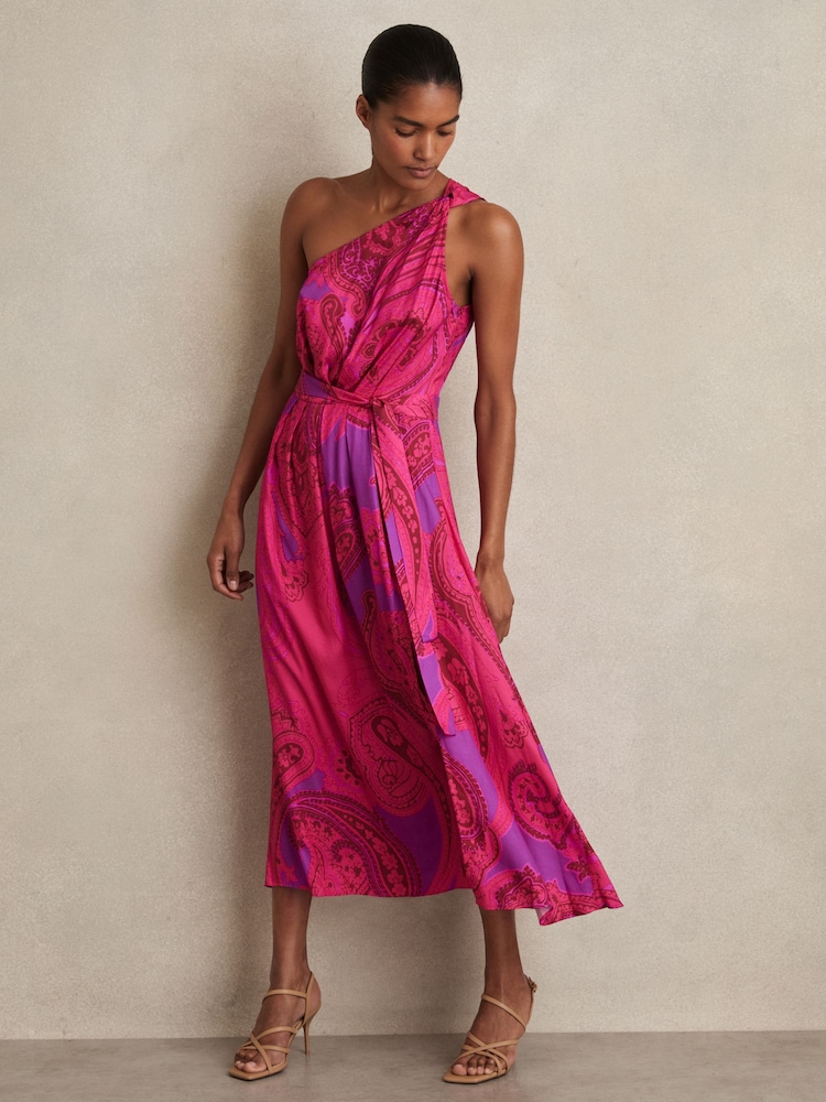 Reiss Pink Oe Mila Paisley-Print One-Shoulder Midi Dress - Image 1 of 6