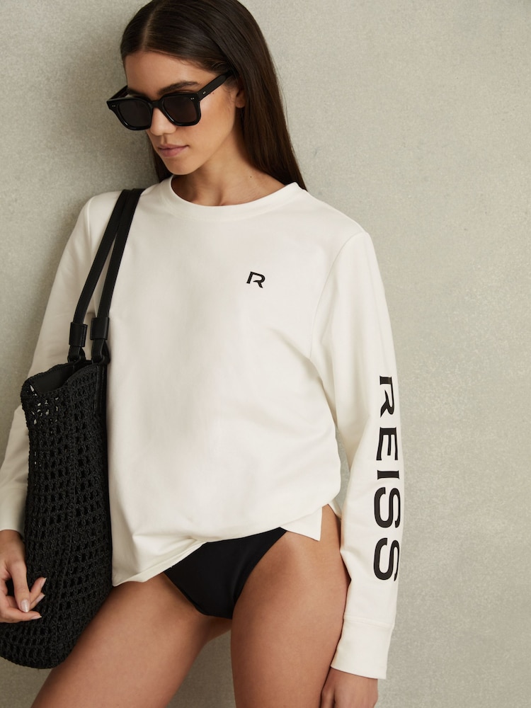 Reiss White Maggie Cotton Blend Crew Neck Top - Image 1 of 5